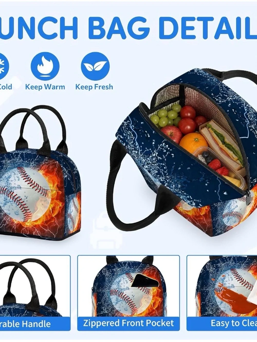 Kids Baseball Flames Backpack Set - 3pc Lunch tote Pencil pouch New